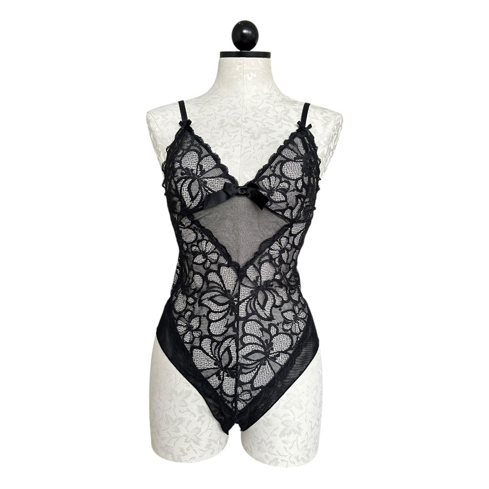 Frederick’s of Hollywood Black Lace Teddy Bodysuit Lingerie Sheer Stretch Sz 1X